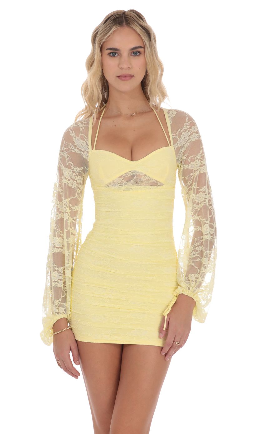 Lucy In The Sky Lace Ruched Long Sleeve Dress in Yellow