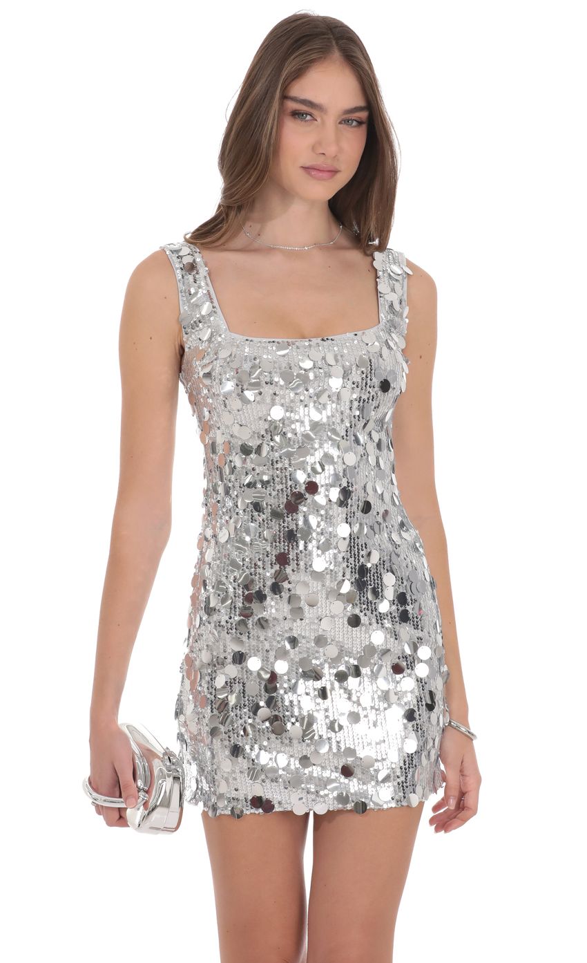 Lucy In The Sky Circle Sequin Square Neck Dress in Silver