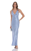Lucy In The Sky Satin V-Neck Maxi Dress in Sky Blue