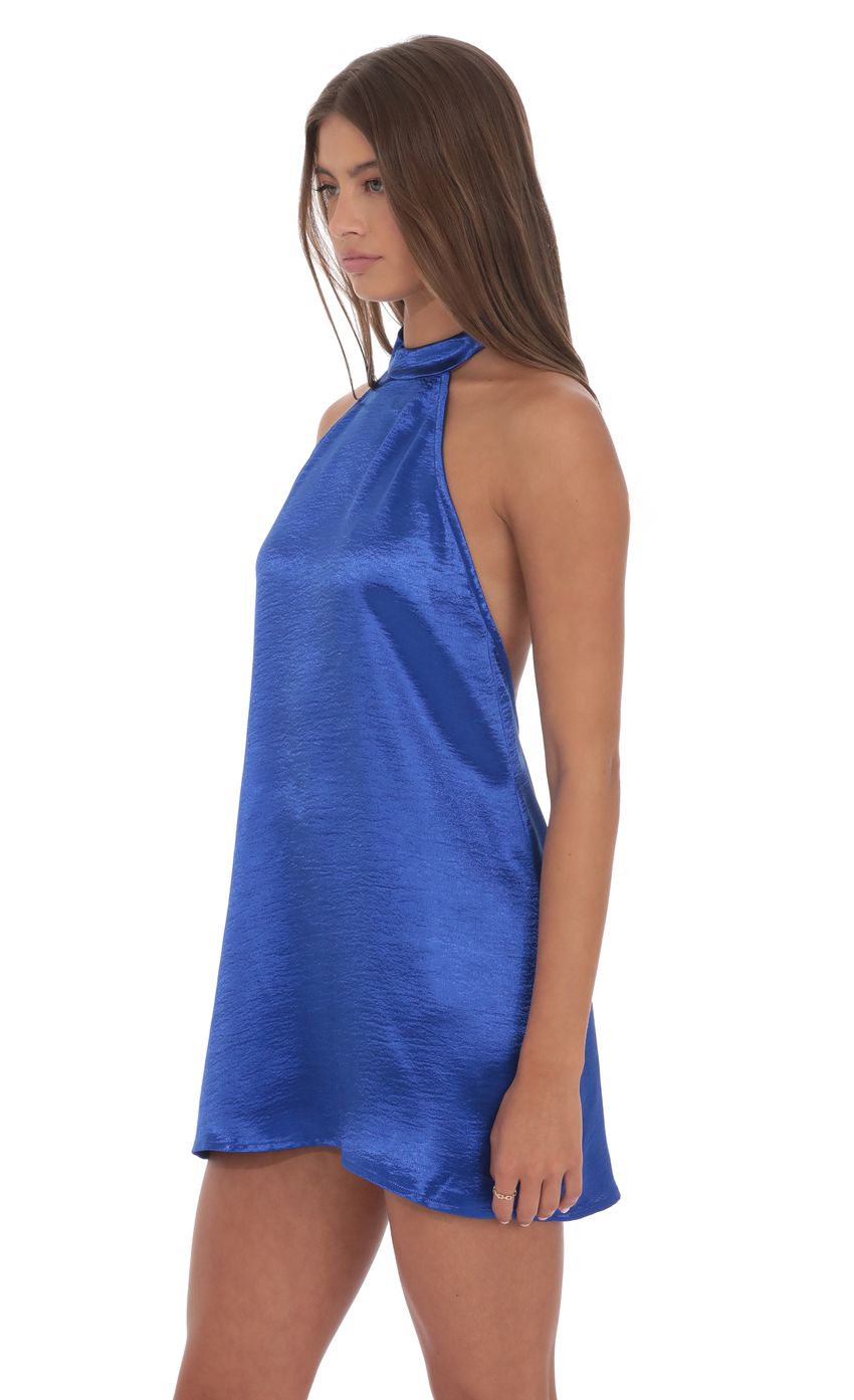 Lucy In The Sky Satin Halter Shift Dress in Royal Blue