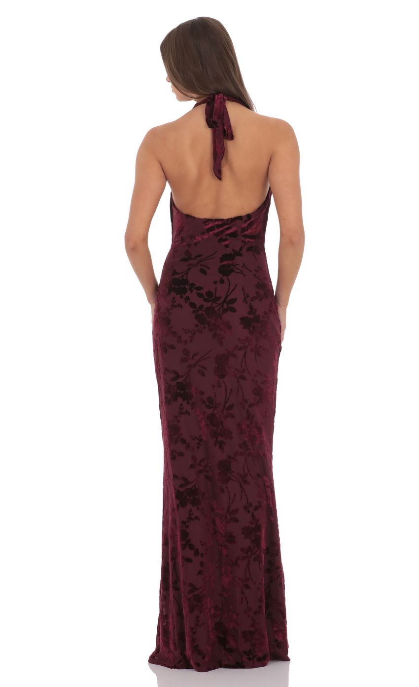 Lucy In The Sky Velvet Floral Halter Cowl Neck Maxi Dress in Plum