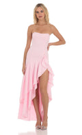 Lucy In The Sky Fishtail Strapless Corset Maxi Dress in Pink