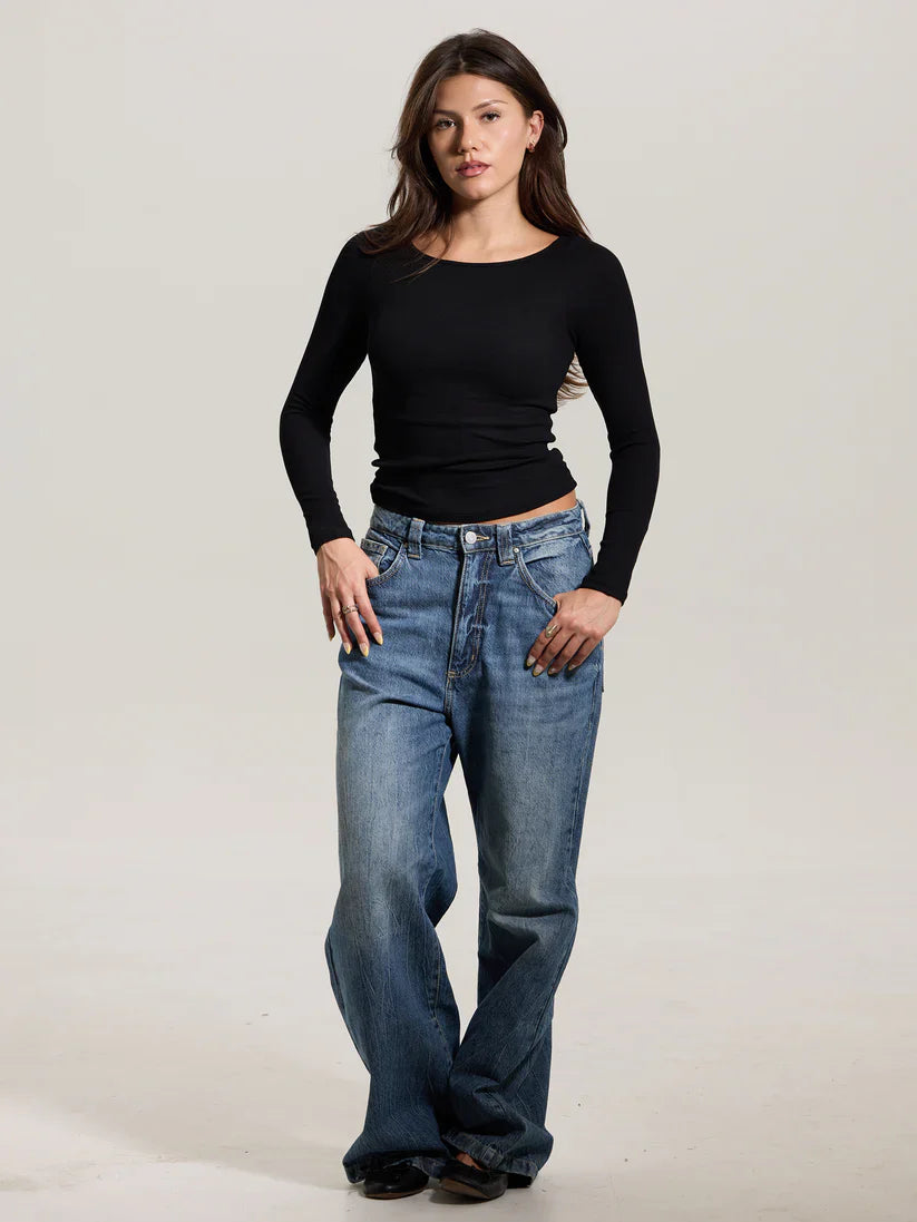 Klassy Ribbed Boat Neck Braless Long Sleeve
