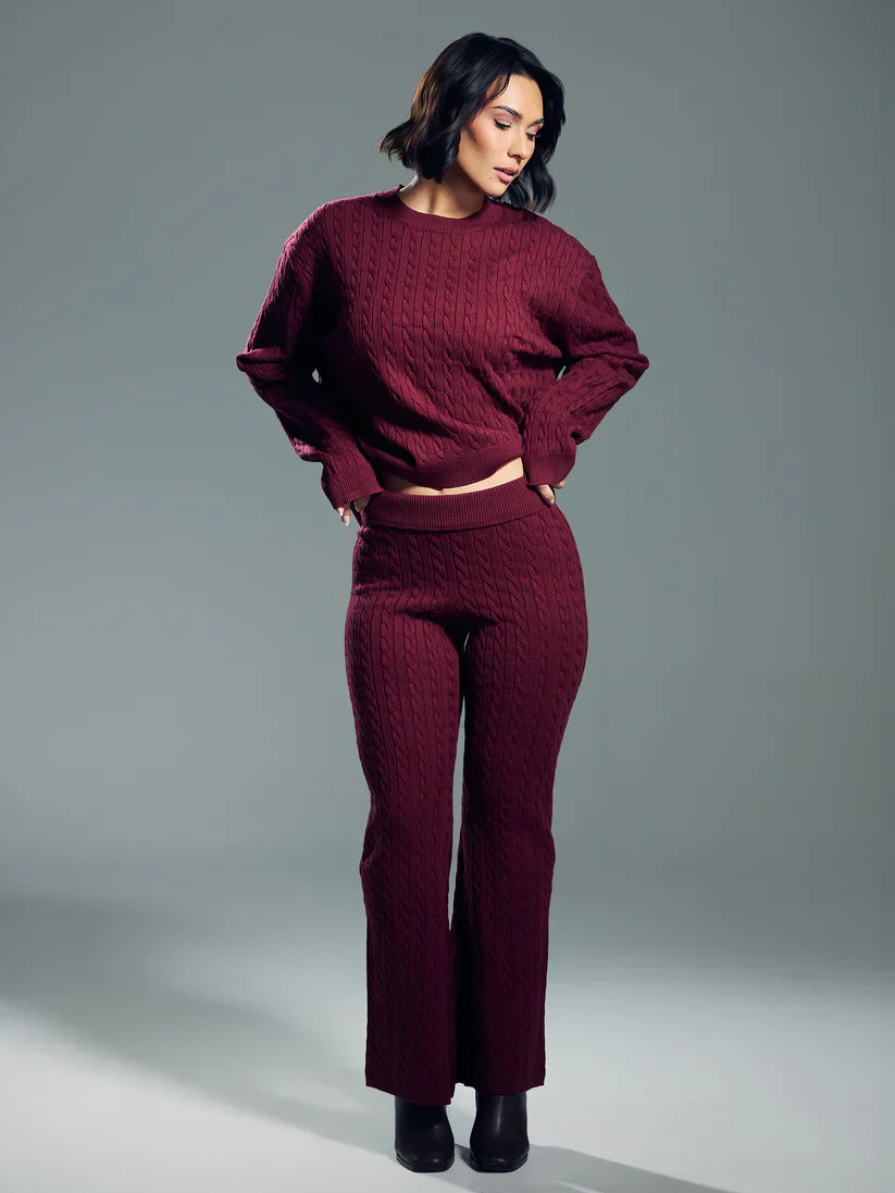 Klassy Cable Knit Fold Over Flare Pants