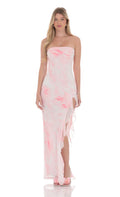 Lucy In The Sky Tie Dye Mesh Ruffle Slit Maxi Dress in White