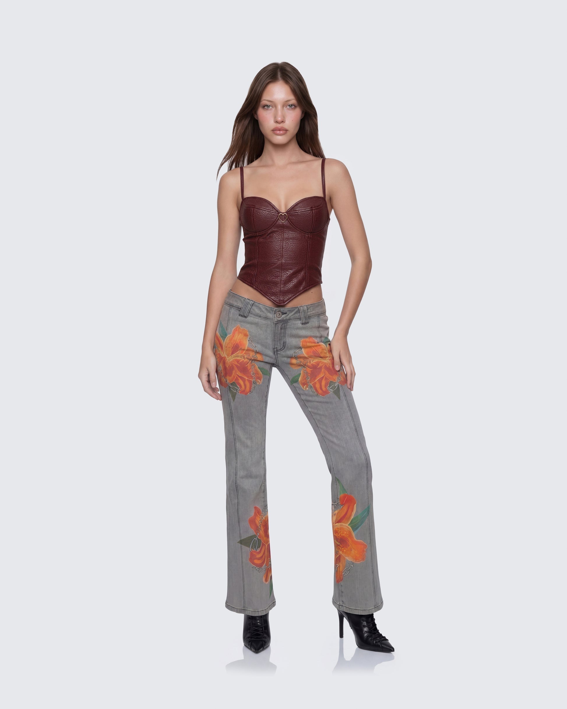 Finesse Sway Burgundy Leather Look Gold Trim Corset Top