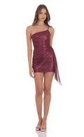 Lucy In The Sky Foil Mesh One Shoulder Tassel Dress in Burgundy