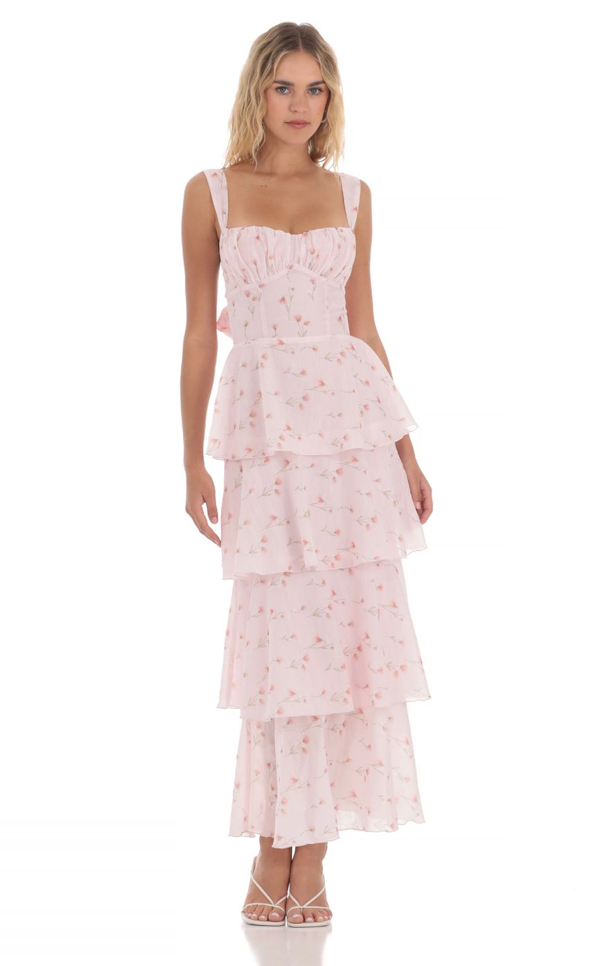 Lucy In The Sky Floral Ruffle Maxi Dress in Pink