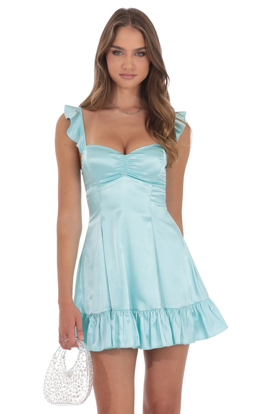 Lucy In The Sky Satin Ruffle Fit and Flare Dress in Cyan