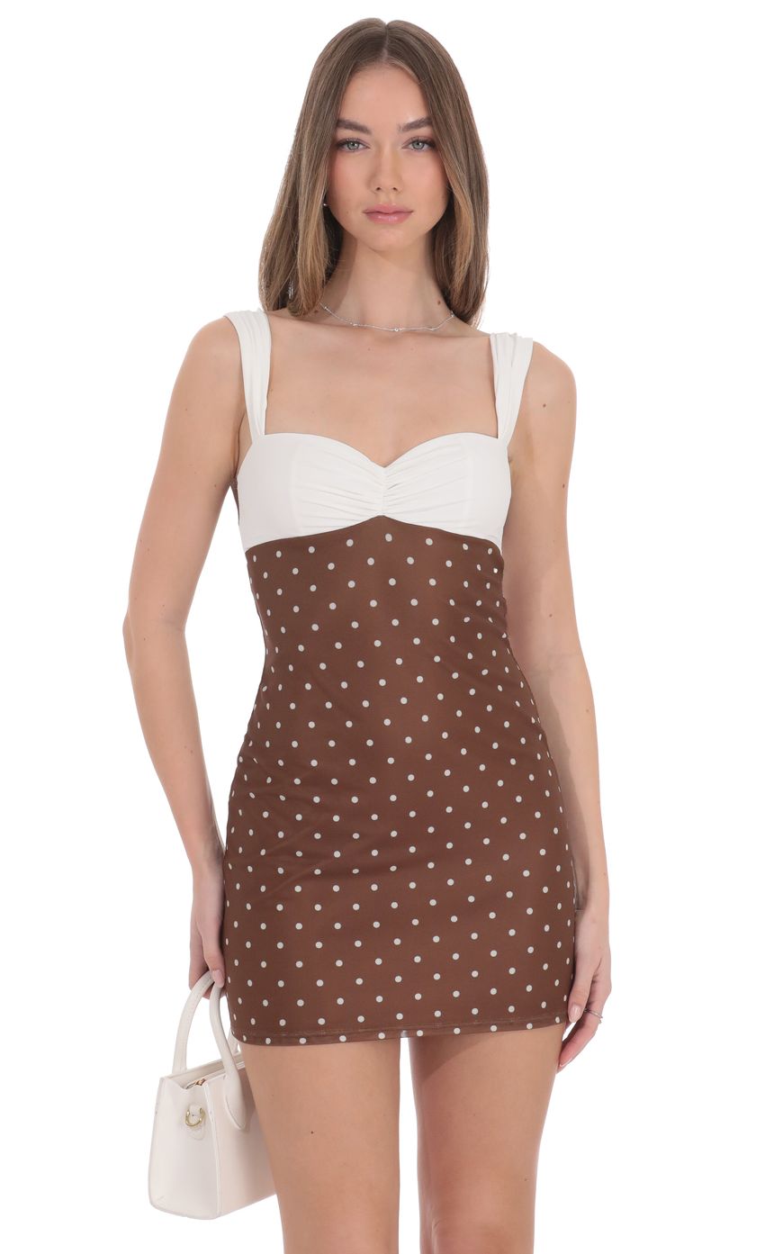 Lucy In The Sky Two-Tone Polka Dot Mesh Bodycon Dress in Brown