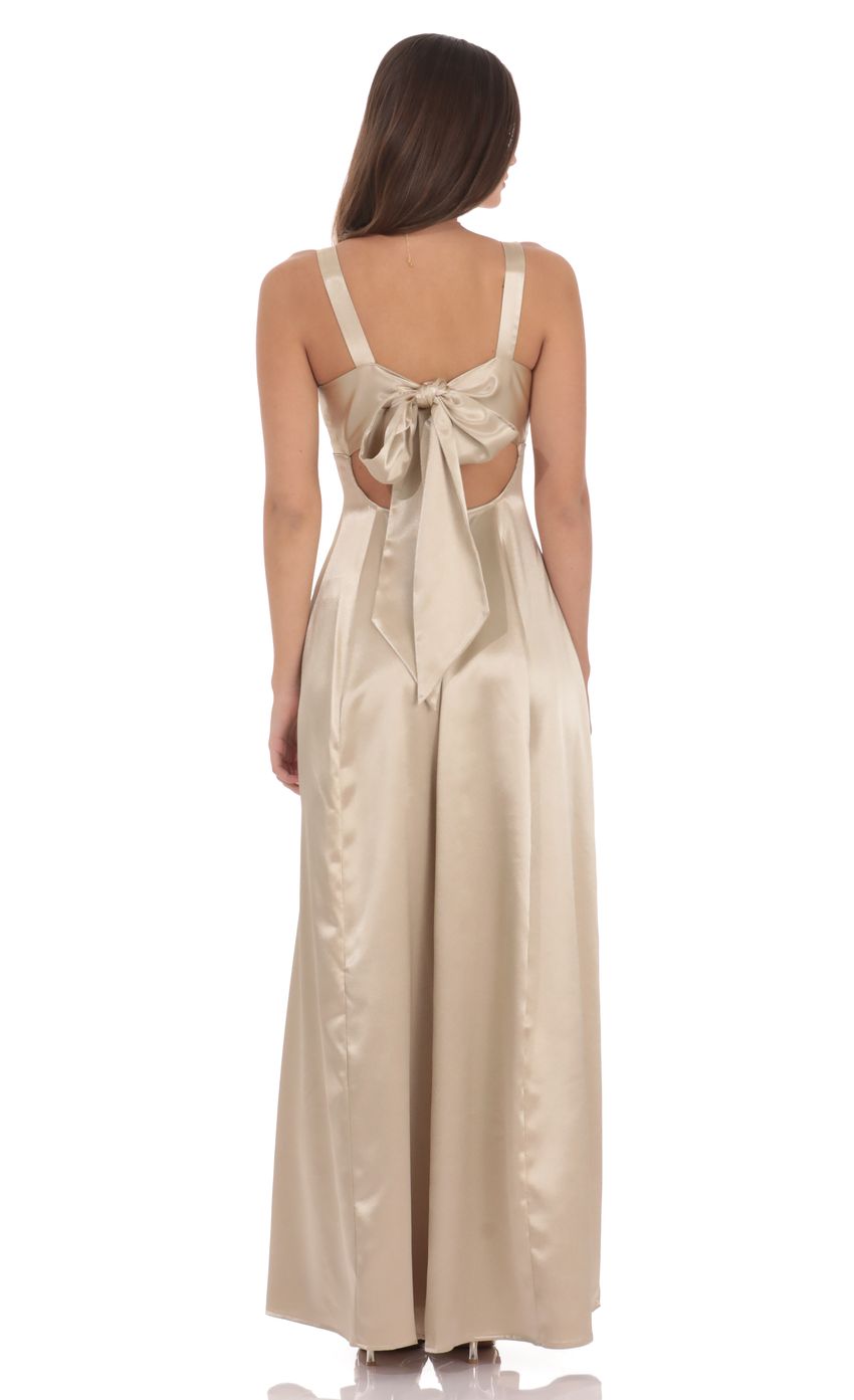 Lucy In The Sky Satin V-Neck Fit and Flare Maxi Dress in Gold
