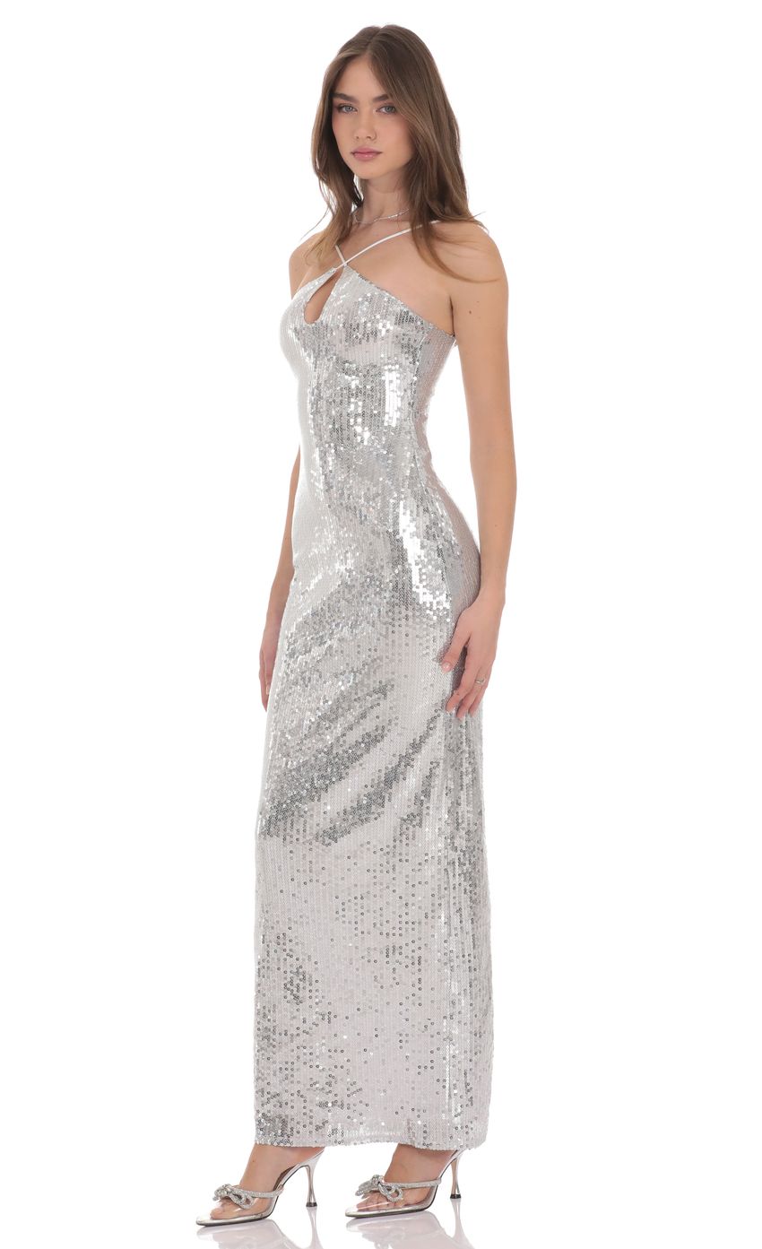 Lucy In The Sky Sequin Keyhole Maxi Dress in Silver