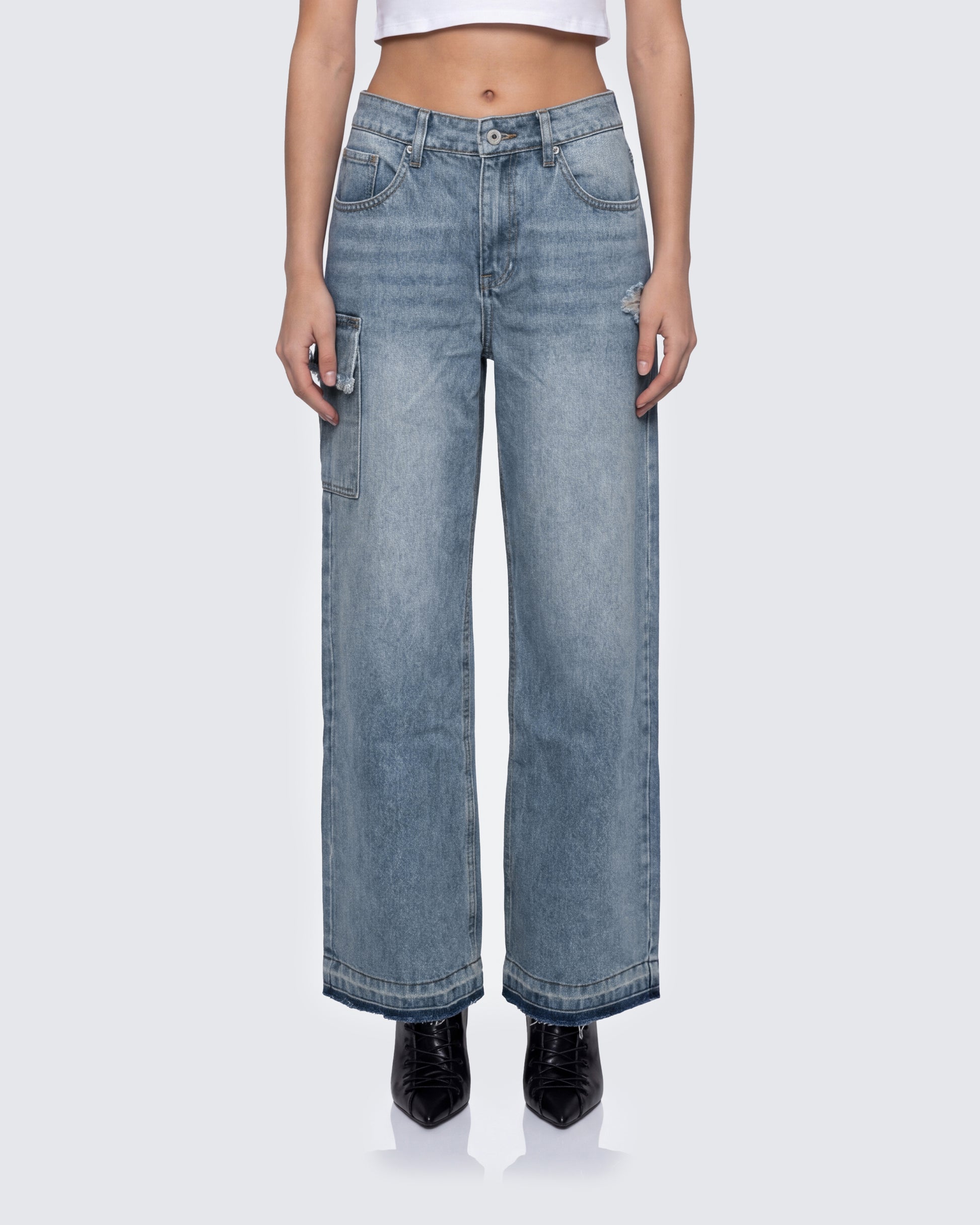 Finesse Stems Blue Cargo Boyfriend Low Waist Jean