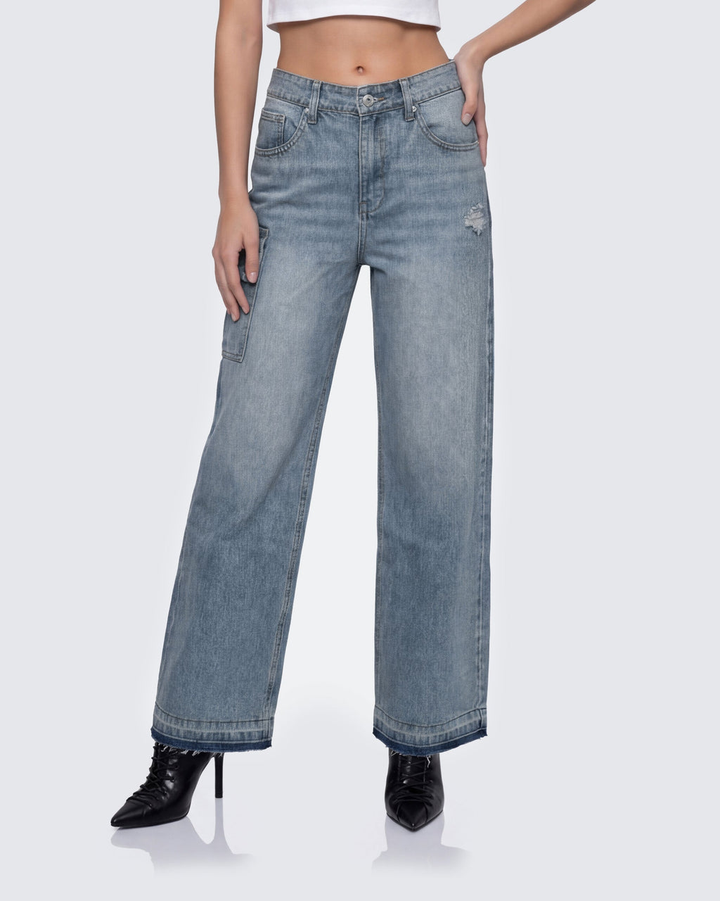 Finesse Stems Blue Cargo Boyfriend Low Waist Jean