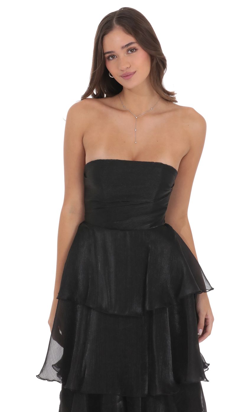 Lucy In The Sky Corset Ruffle Strapless Maxi Dress in Black