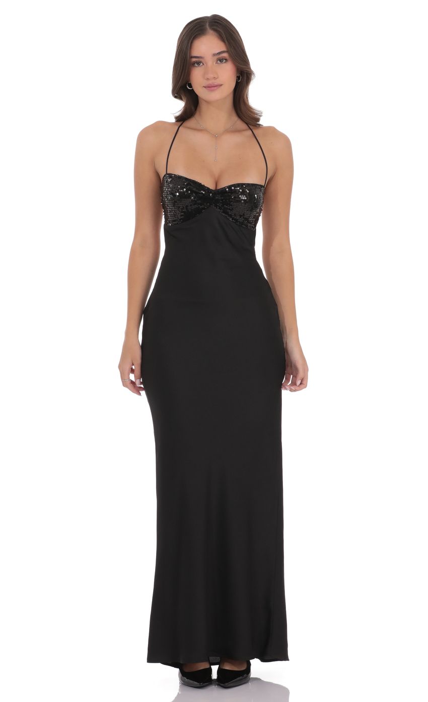 Lucy In The Sky Sequin Bust Satin Maxi Dress in Black