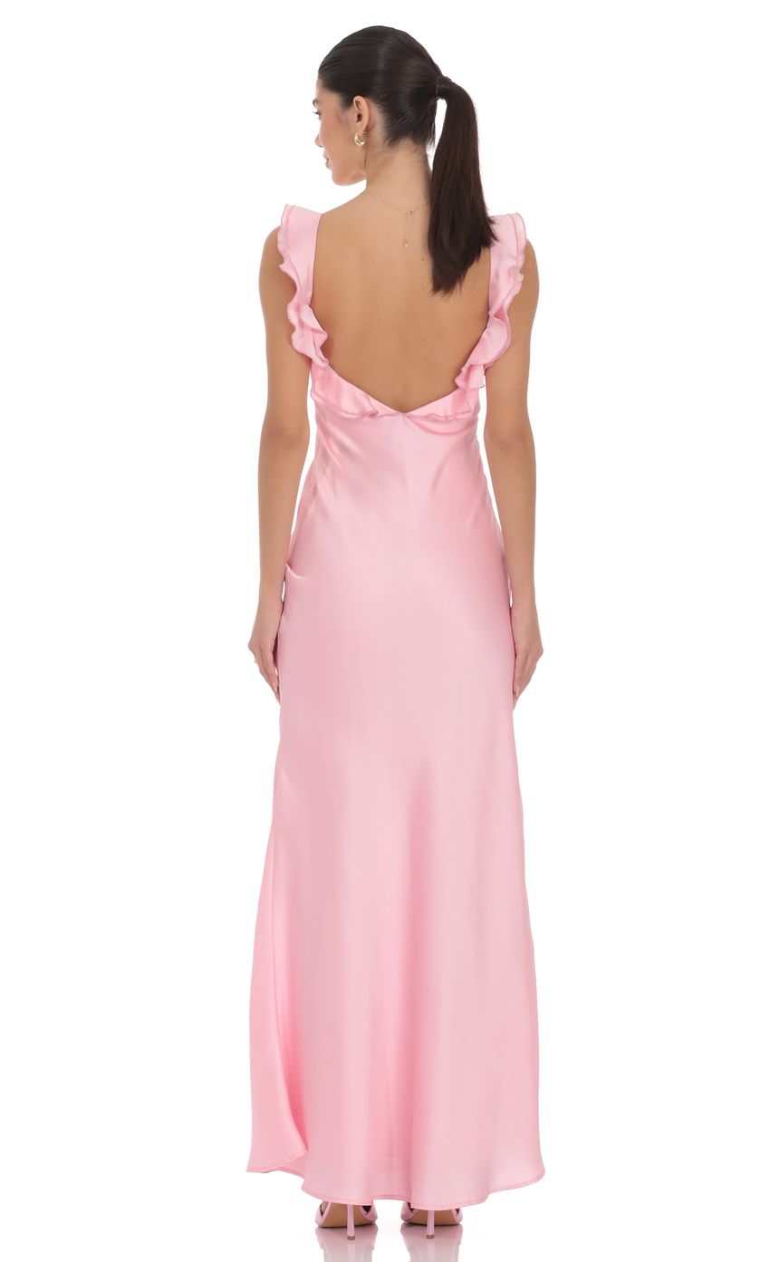 Lucy In The Sky Satin Ruffle Open Back Maxi Dress in Pink