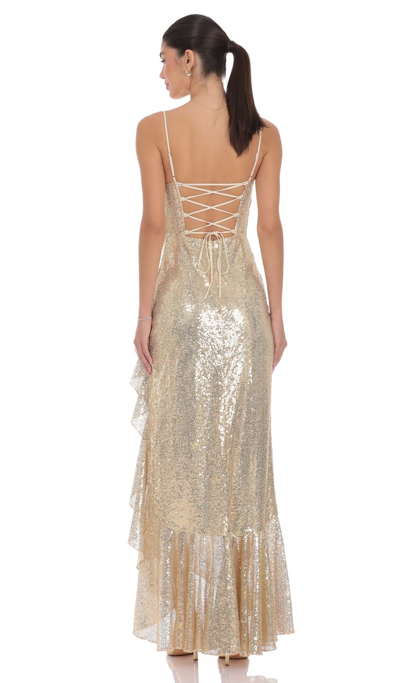 Lucy In The Sky Sequin Ruffle Maxi Dress in Gold