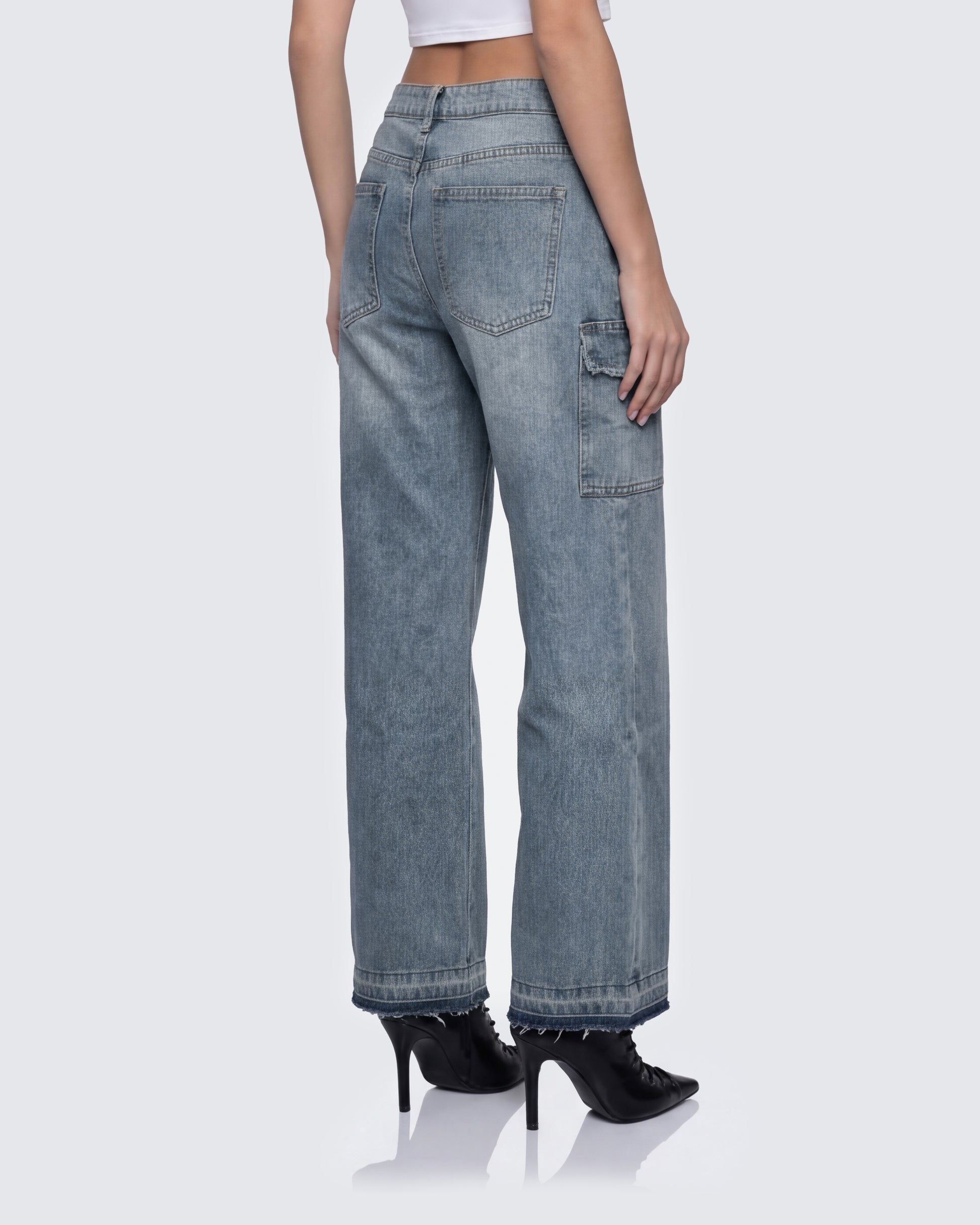 Finesse Stems Blue Cargo Boyfriend Low Waist Jean