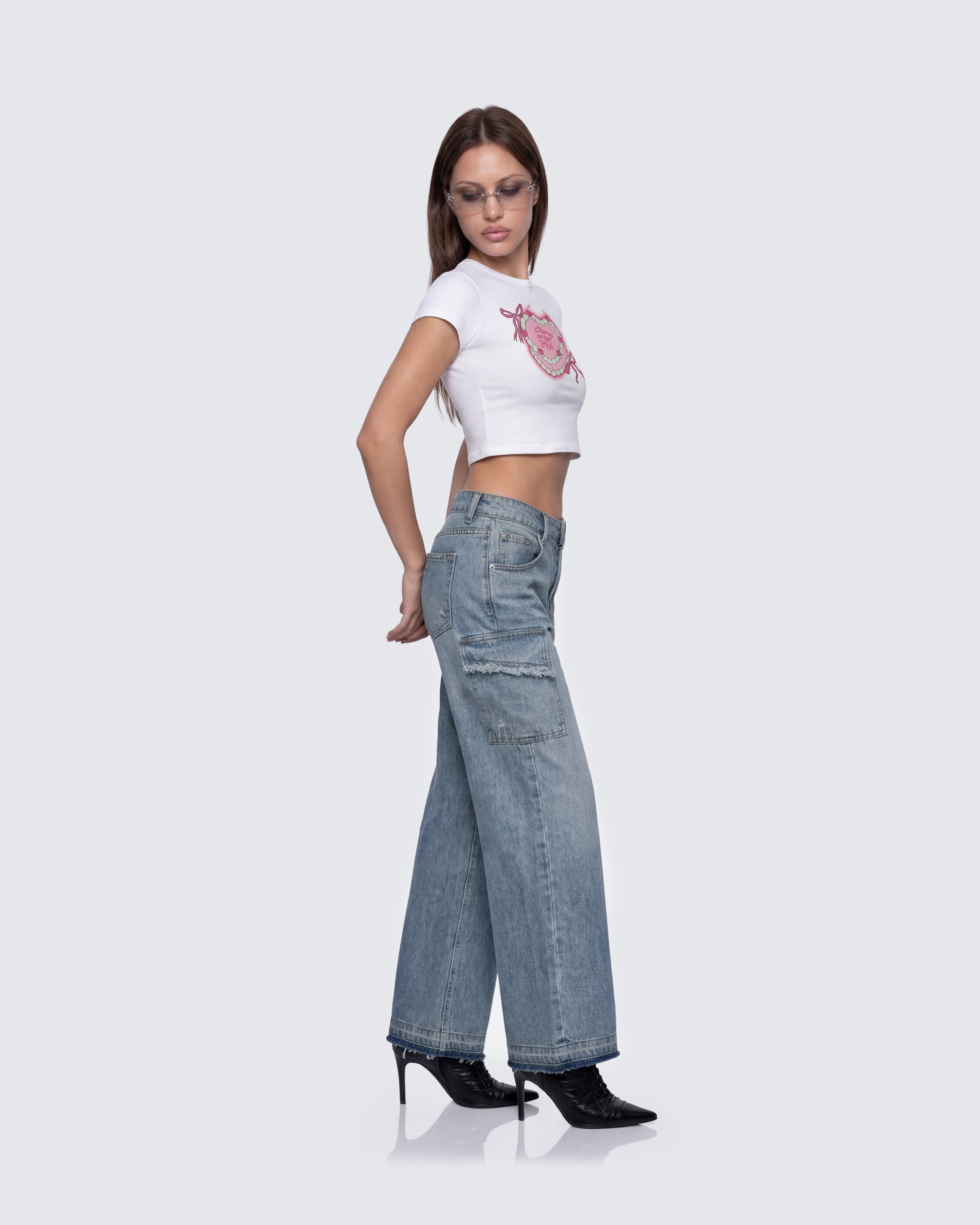 Finesse Stems Blue Cargo Boyfriend Low Waist Jean