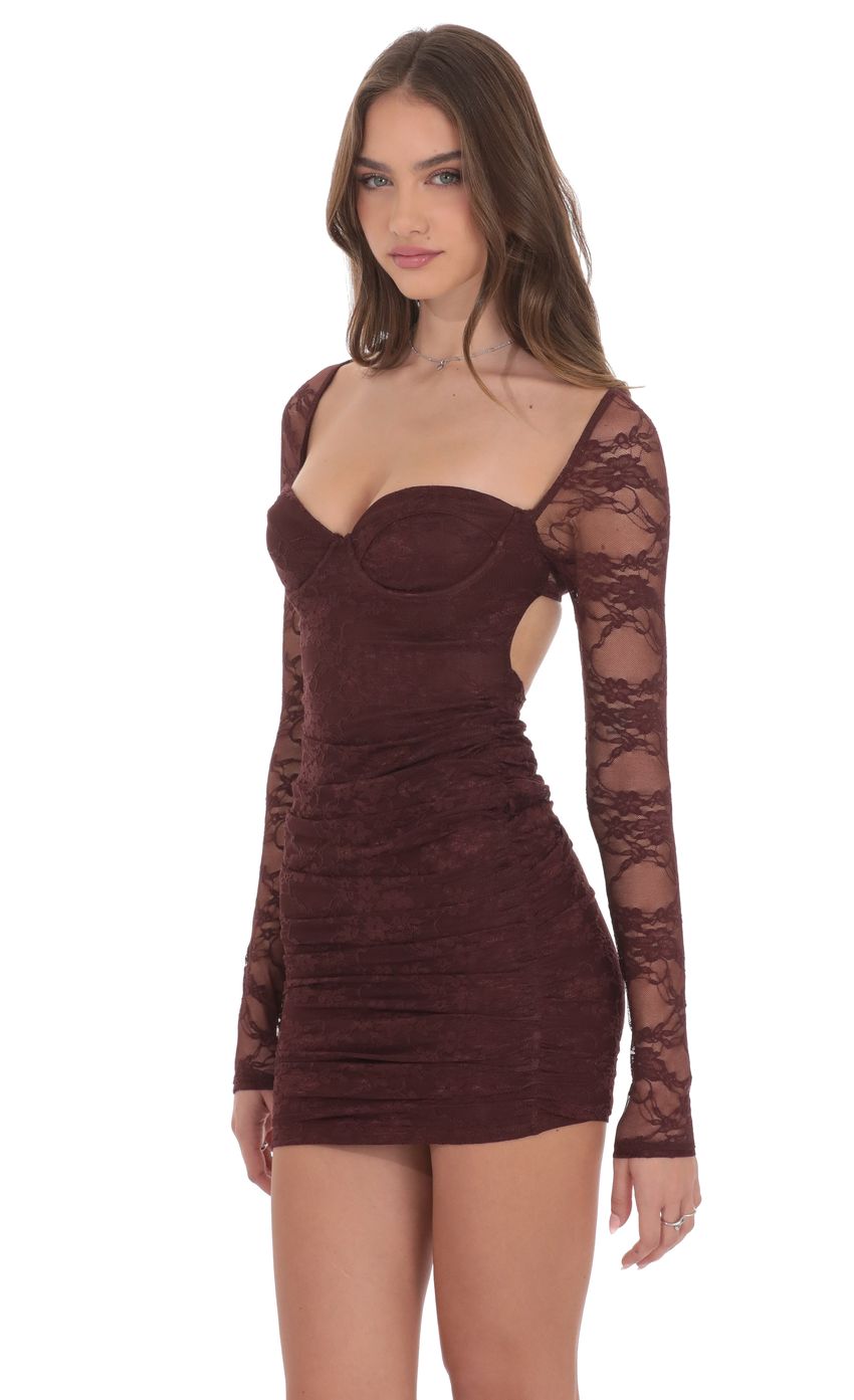 Lucy In The Sky Lace Long Sleeve Bodycon Dress in Brown