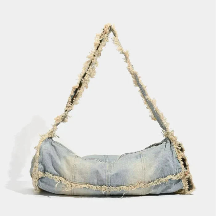 *Fringe Baguette Denim Shoulder Bag