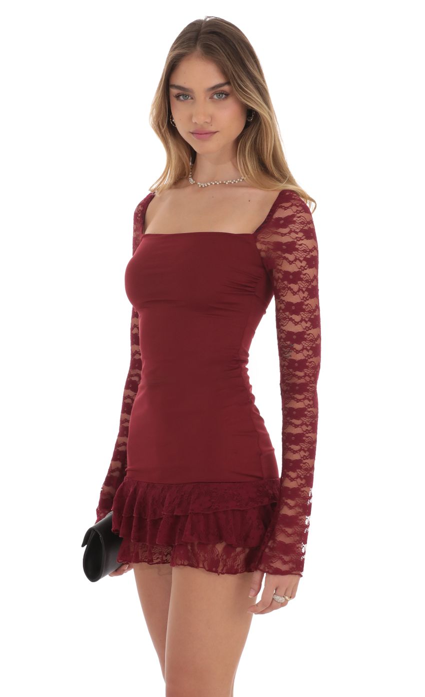 Lucy In The Sky Lace Ruffle Bodycon Dress in Maroon
