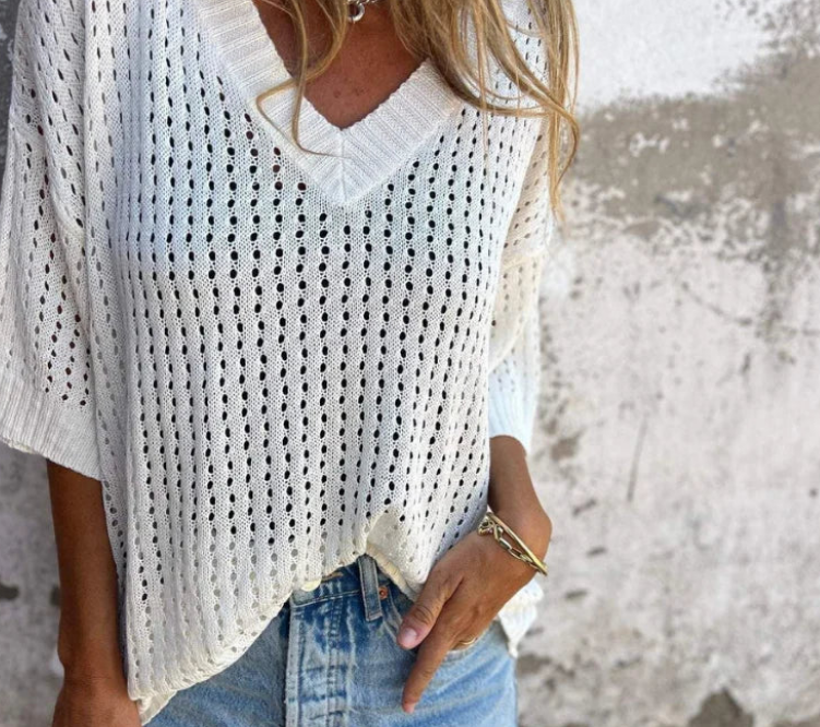 Nabalu Alira | Women’s V-Neck Open Knit Relaxed Sweater