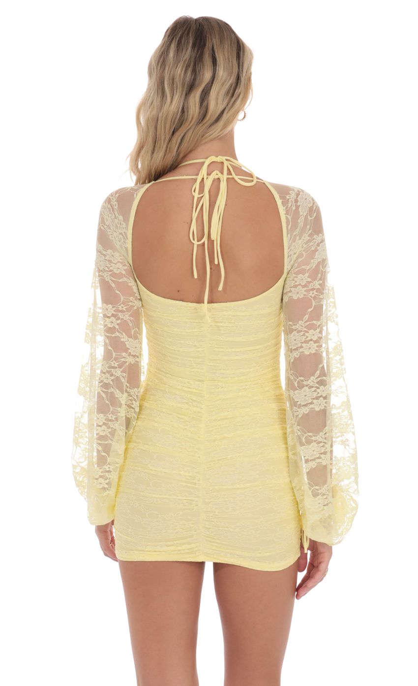 Lucy In The Sky Lace Ruched Long Sleeve Dress in Yellow