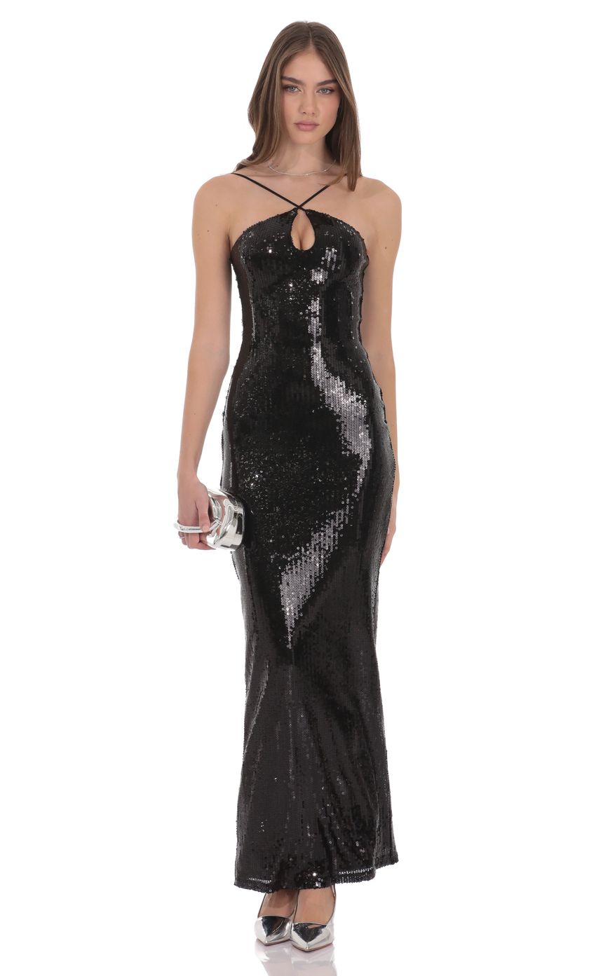 Lucy In The Sky Sequin Keyhole Maxi Dress in Black