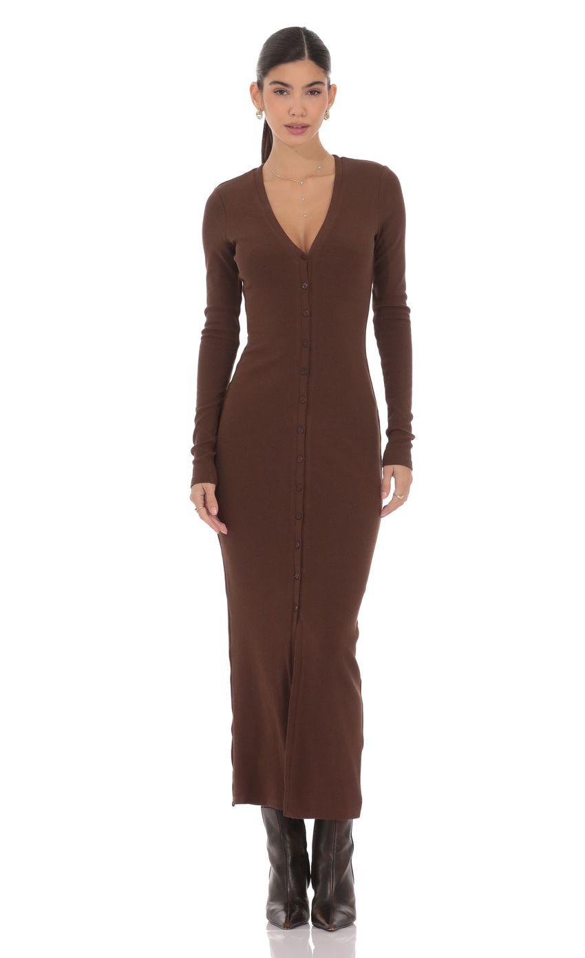 Lucy In The Sky Button Down Ribbed Maxi Dress in Brown