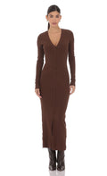 Lucy In The Sky Button Down Ribbed Maxi Dress in Brown