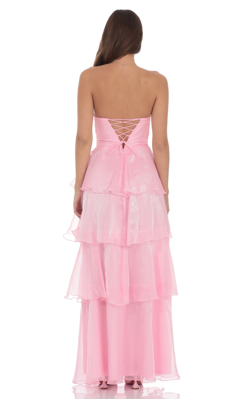 Lucy In The Sky Corset Ruffle Strapless Maxi Dress in Pink