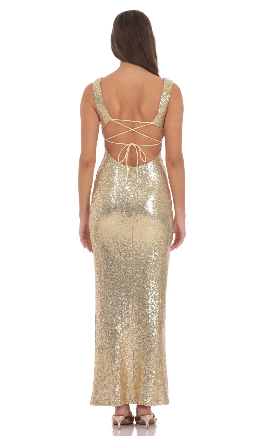Lucy In The Sky Sequin Square Neck Fitted Maxi Dress in Gold