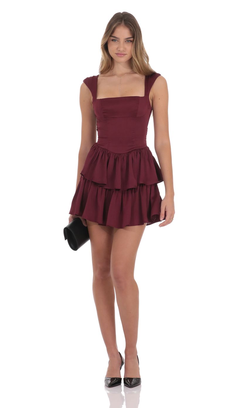 Lucy In The Sky Wide Strap Ruffle Dress in Burgundy