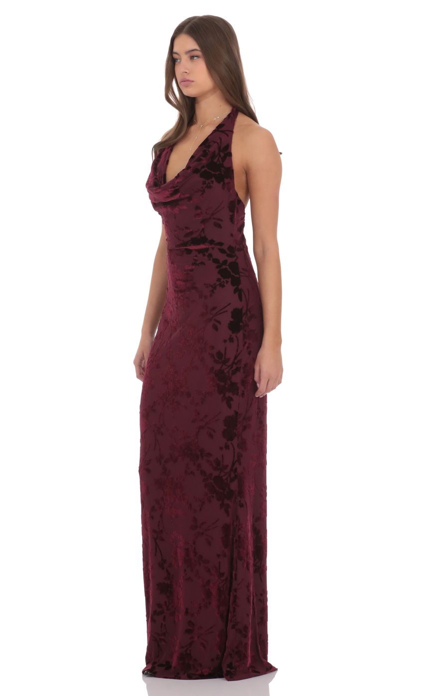 Lucy In The Sky Velvet Floral Halter Cowl Neck Maxi Dress in Plum