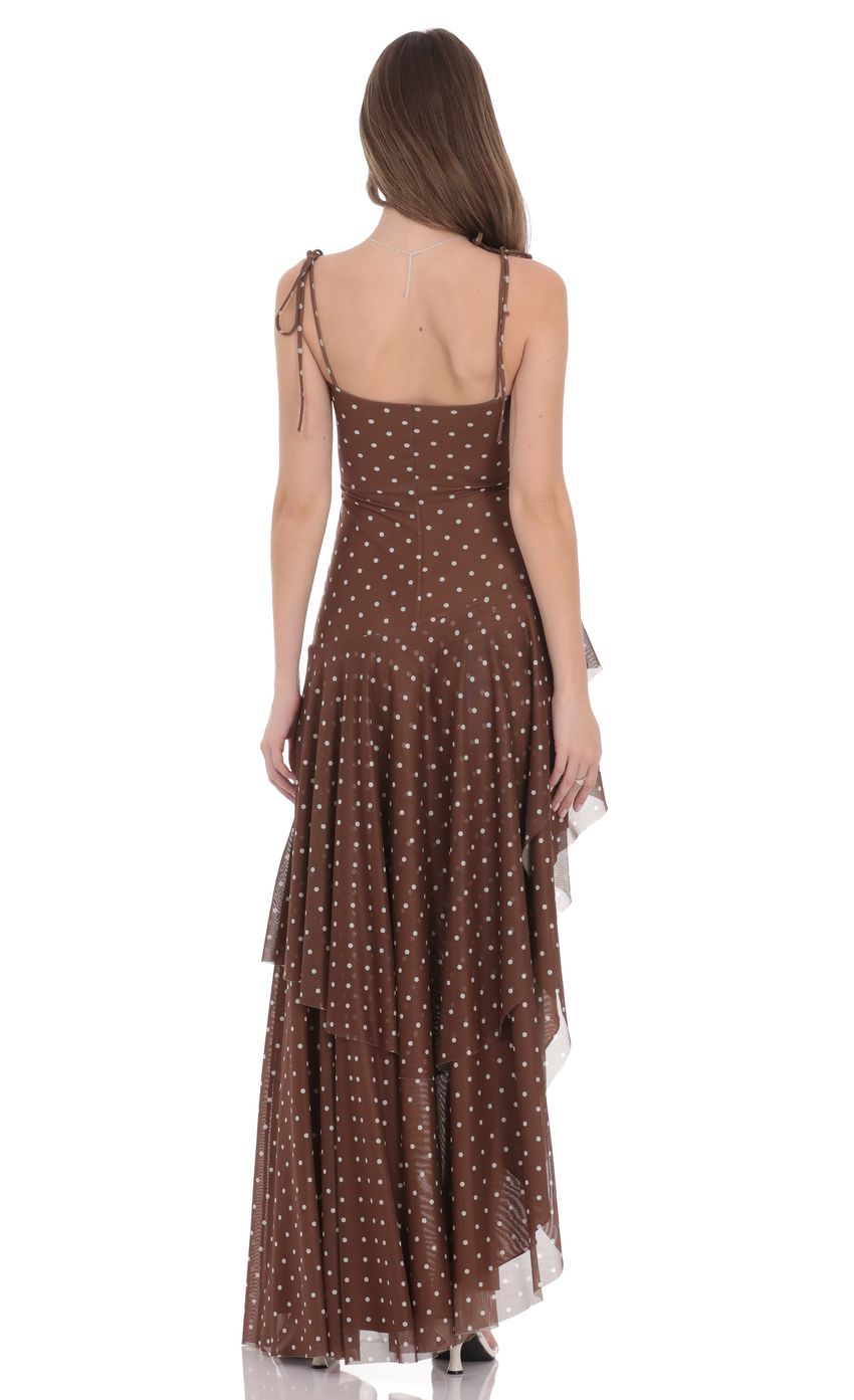 Lucy In The Sky Polka Dot Asymmetrical Maxi Dress in Brown