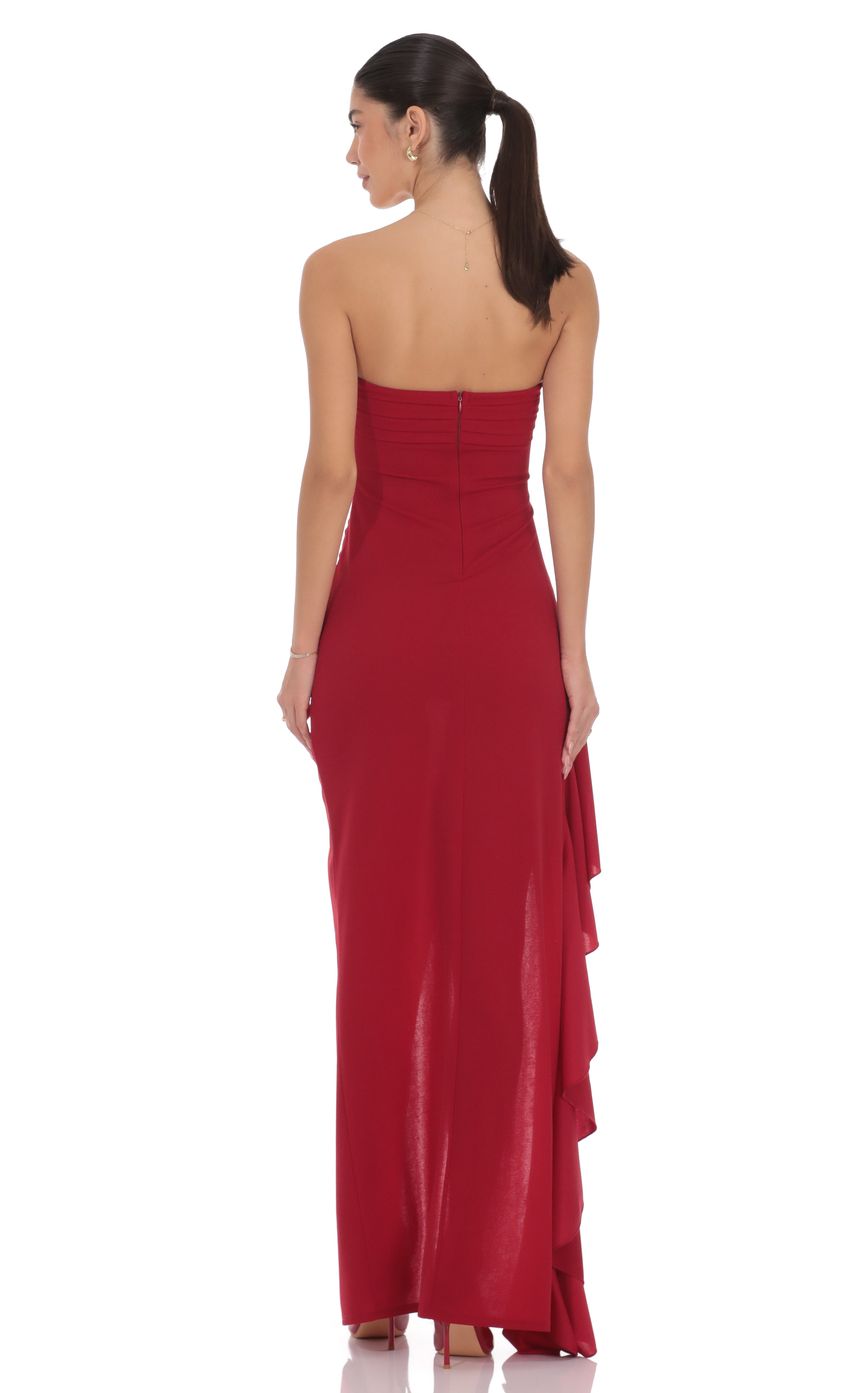 Lucy In The Sky Strapless Ruched Ruffle Maxi Dress in Maroon