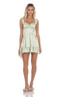 Lucy In The Sky Satin Ruffle Fit and Flare Dress in Pastel Green