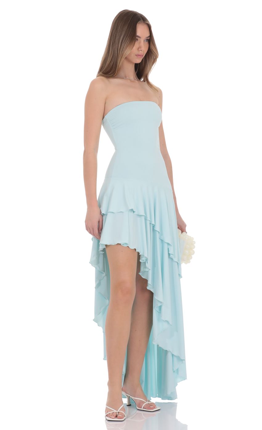 Lucy In The Sky Strapless Ruffle Asymmetrical Maxi Dress in Mint