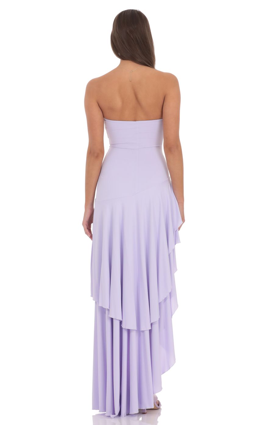 Lucy In The Sky Strapless Ruffle Asymmetrical Maxi Dress in Lavender