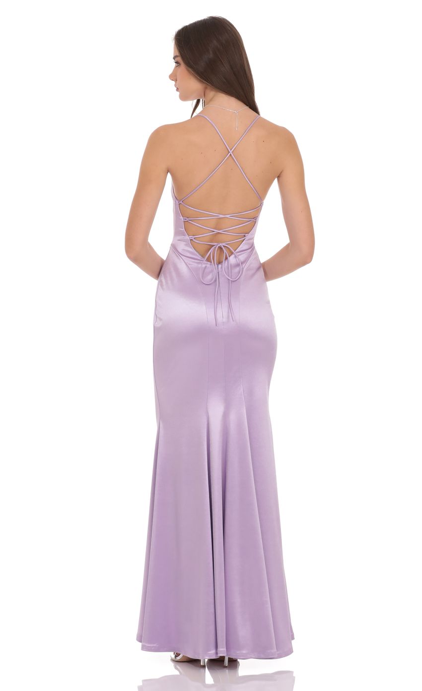 Lucy In The Sky Satin Open Back Mermaid Maxi Dress in Lavender