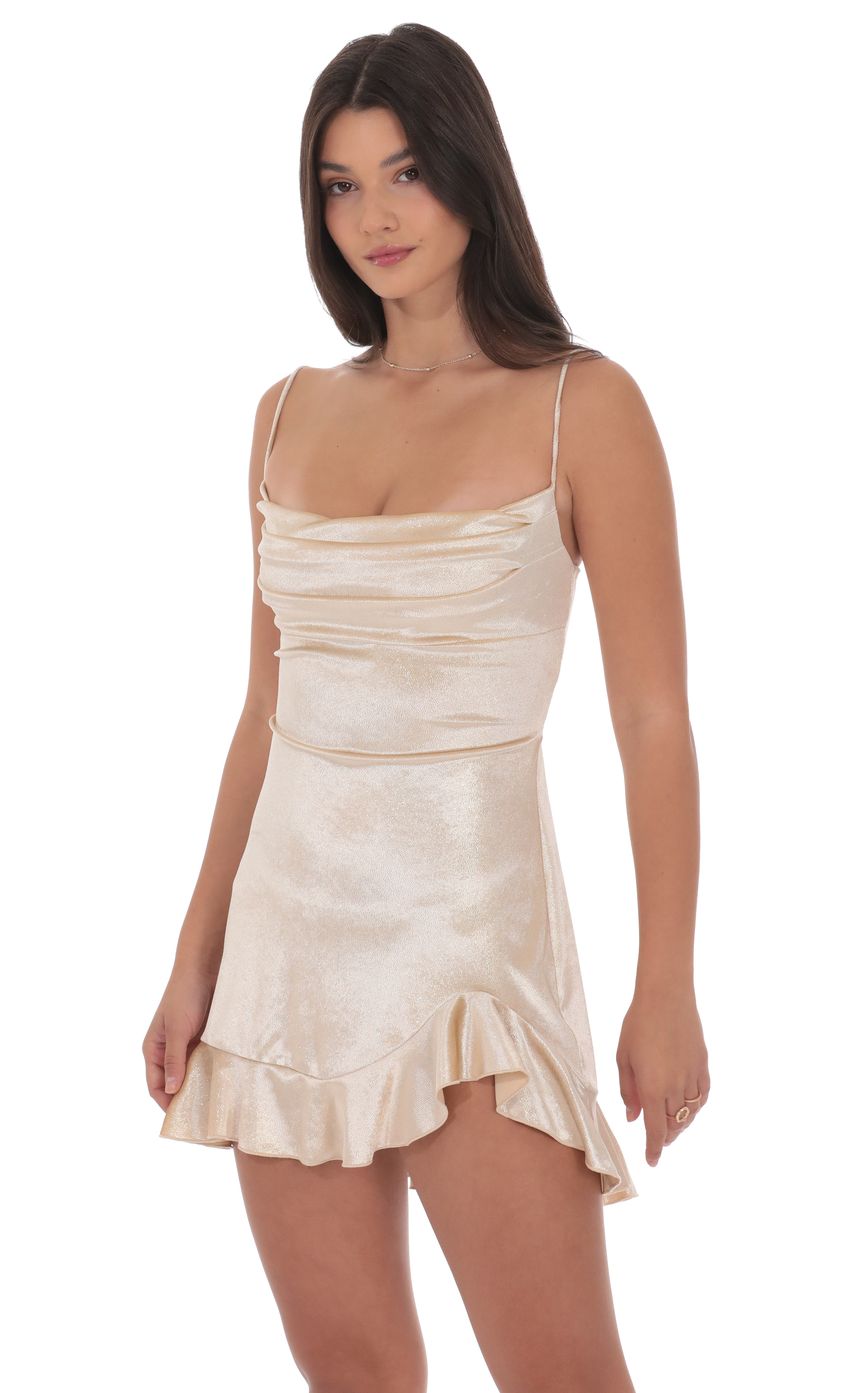 Lucy In The Sky Foil Velvet Ruffled Slit Dress in Gold