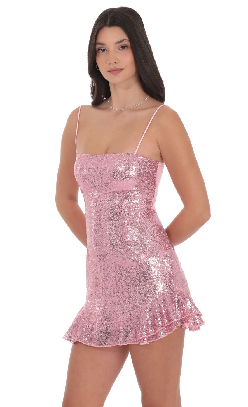 Lucy In The Sky Sequin Ruffle Dress in Pink