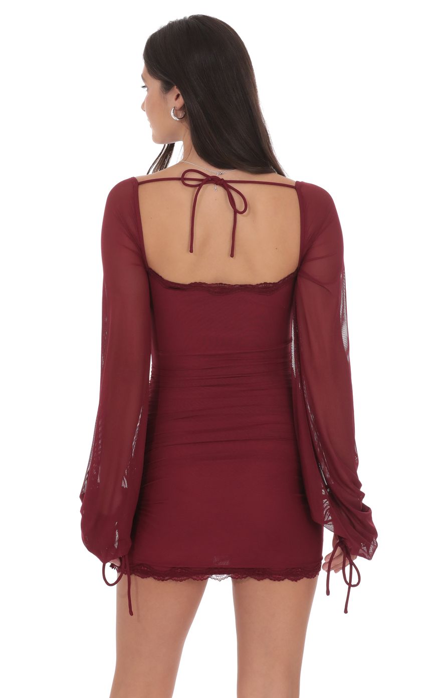 Lucy In The Sky Mesh Lace Ruched Dress in Maroon