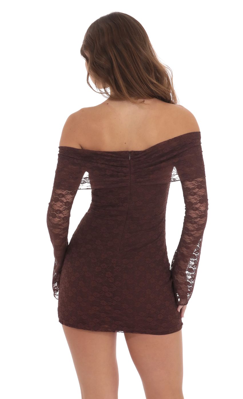 Lucy In The Sky Lace Draped Off Shoulder Dress in Brown