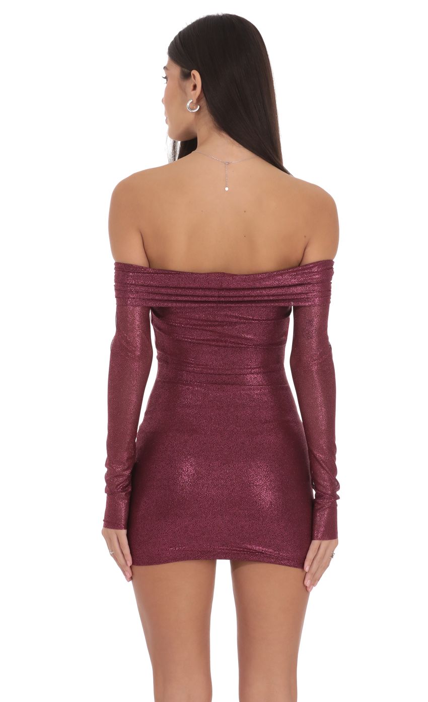 Lucy In The Sky Foil Off Shoulder Dress in Burgundy