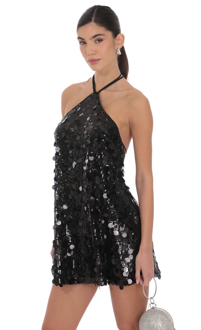 Lucy In The Sky Circle Sequin Halter Shift Dress in Black
