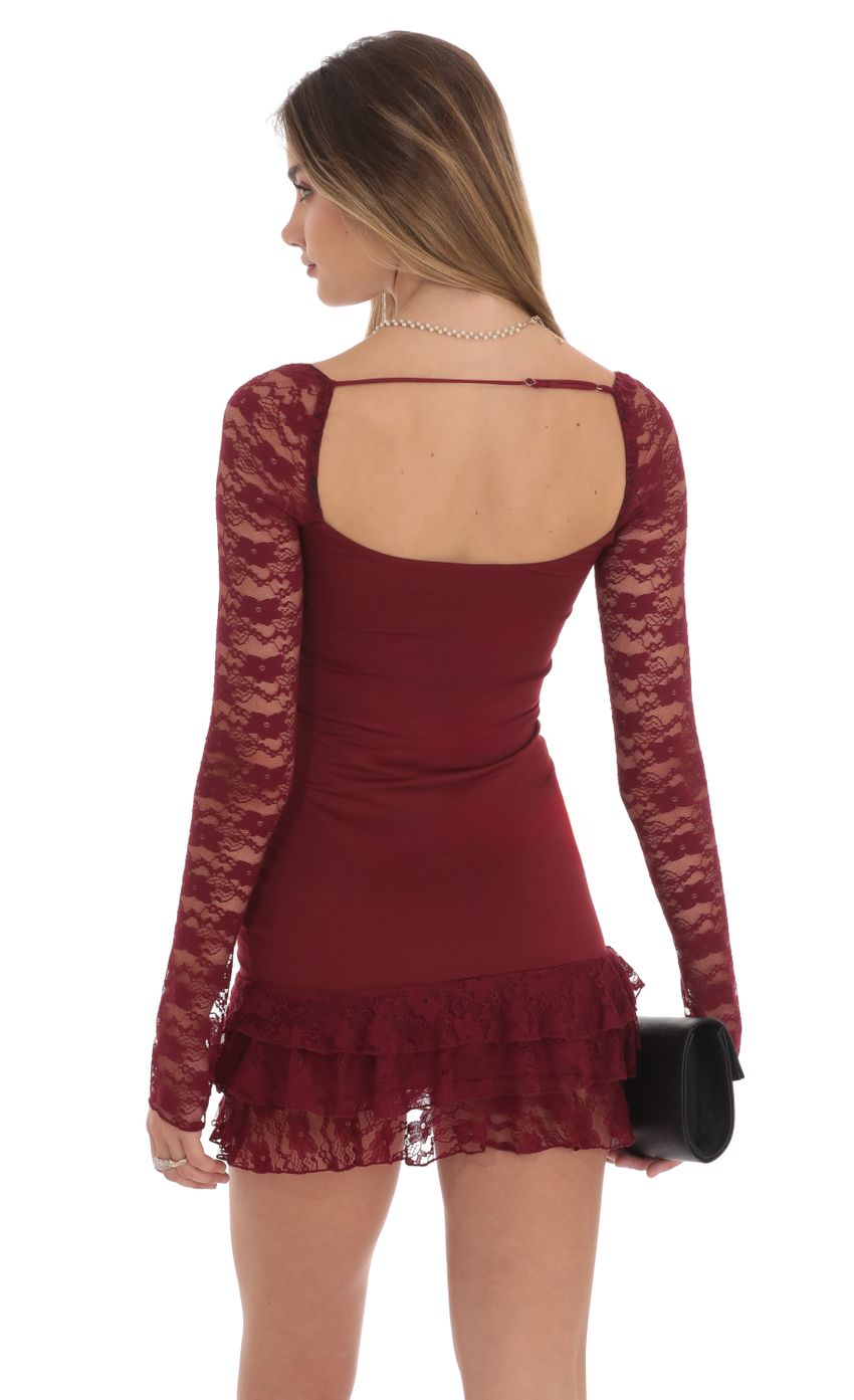 Lucy In The Sky Lace Ruffle Bodycon Dress in Maroon