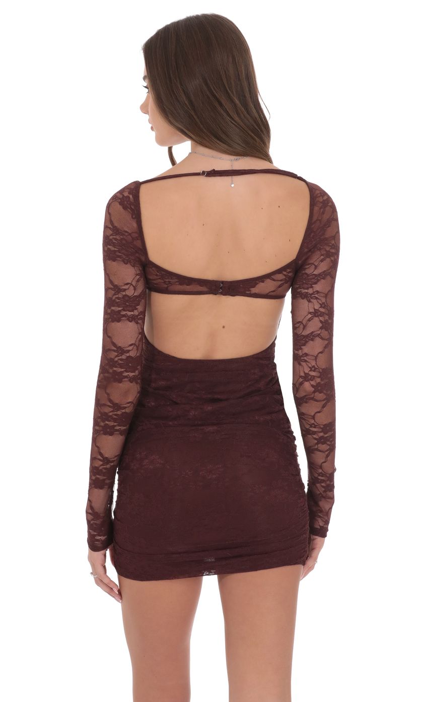 Lucy In The Sky Lace Long Sleeve Bodycon Dress in Brown